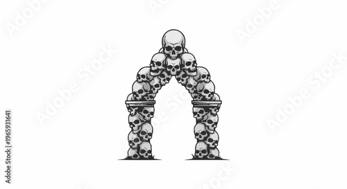 An archway constructed entirely of stacked human skulls on a white background