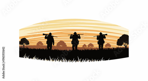 Three hunters in silhouette with rifles at sunset