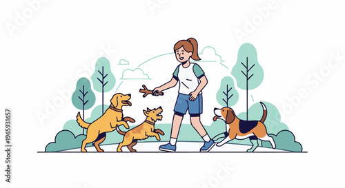 Person playing fetch with three dogs in a park with trees and clouds