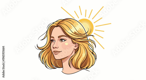 A blonde young woman's portrait with a stylized sun behind her head