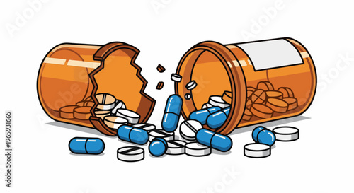 A broken orange pill bottle spilling white and blue pills
