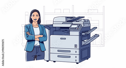Professional woman with crossed arms stands by a modern office printer in a workspace