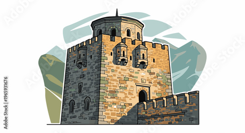Stylized stone tower with battlements stands against a backdrop of abstract mountains and sky