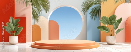 Abstract colorful product podium with tropical plants and arch backdrop for display and presentation