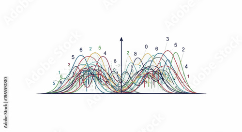 A complex visualization of multiple colorful probability distribution curves with overlaid numerical labels