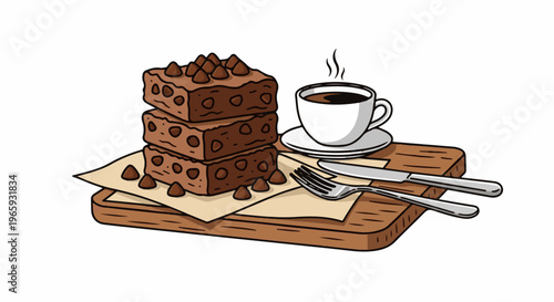 A stack of three rich chocolate brownies with chips, served with a steaming cup of coffee, cutlery, and a wooden board
