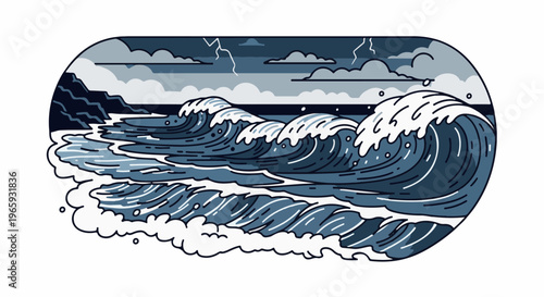 Dark, stormy waves crash against rocky shore under lightning-filled sky, stylized pixel art