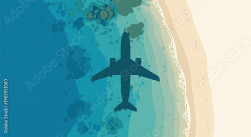 Overhead view of a silhouetted airplane flying over turquoise water near a sandy beach