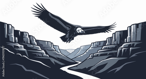 A large bird of prey soars above a winding river flowing through a grand canyon