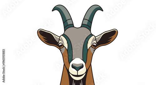 Stylized illustration of a goat's head with prominent curved horns and large ears