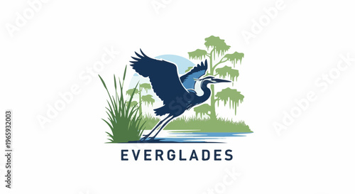 A blue heron flies over a tranquil swamp scene with cypress trees and reeds