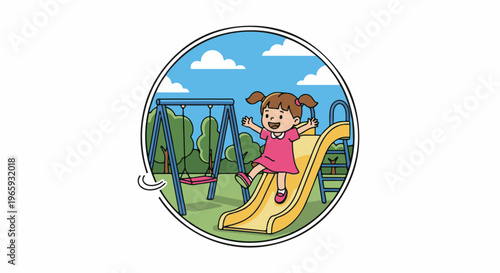 Joyful child slides down a playground slide with swings in the background