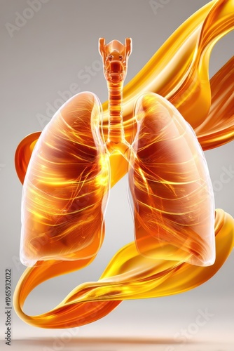 Glowing orange lungs and trachea medical illustration with x-ray effect and respiratory anatomy concept
