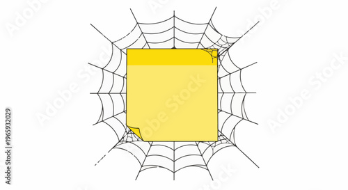 A bright yellow sticky note is caught in a dark, intricate spiderweb, creating a striking contrast