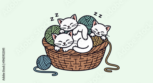 Three cute white kittens nap cozily together in a woven basket filled with colorful yarn balls