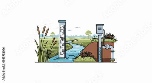 A scientific illustration depicts a water level measuring device next to a stream in a grassy marshland