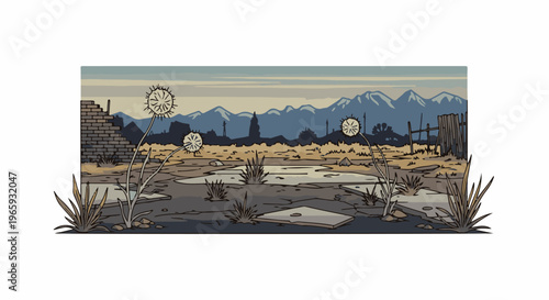 Dilapidated landscape with barren plants, broken brick wall, and distant mountains