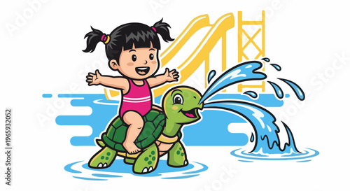 Child rides turtle through water slides and splashes