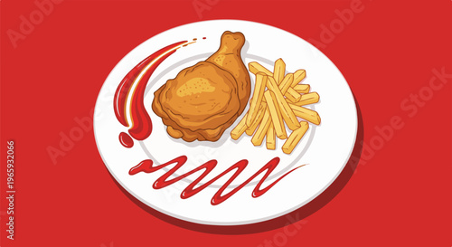 A plate of fried chicken and fries with ketchup on a red background