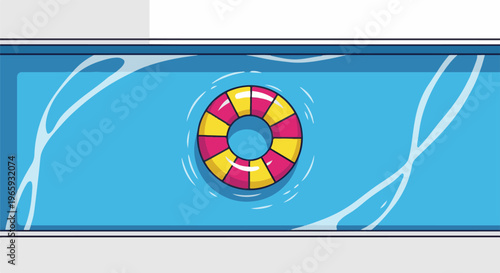 A colorful life preserver floats on the tranquil blue water of a swimming pool