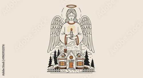 Angel with candle watches over a cozy home nestled among trees, with a halo and wings