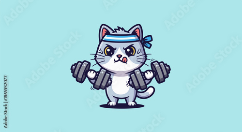A determined cartoon cat in a blue headband lifts two dumbbells