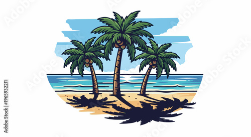 Pixel art of three palm trees on a sandy beach beside the ocean under a blue sky