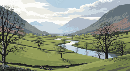 A serene valley with a winding river, bare trees, and distant mountains