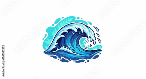Dynamic blue wave cresting with splashing water and abstract leaf shapes in background