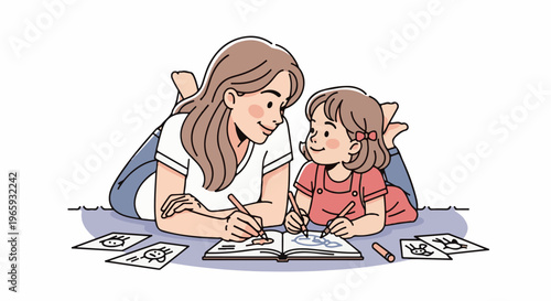 A mother and daughter lie on the floor drawing together, sharing a sketchbook and art supplies