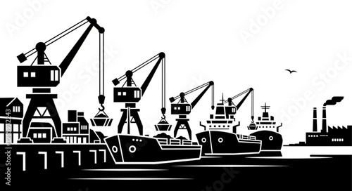 Silhouette of Cargo Ships and Harbor Cranes.