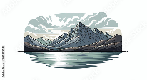 Pixel art of rugged mountains reflected in a calm lake under a cloudy sky
