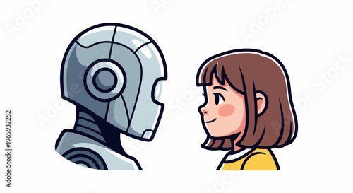 A stylized robot and a young girl gaze at each other with curiosity and wonder