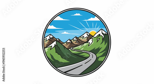 A winding road curves through a sun-drenched mountainous landscape under a blue sky with clouds