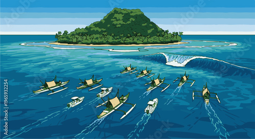 Outrigger canoes and motorboats approach a lush, green island in the ocean