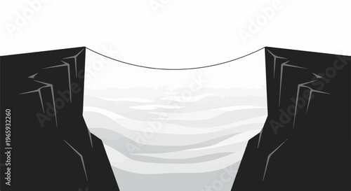 Two cliffs frame a misty chasm with a taut cable spanning the gap