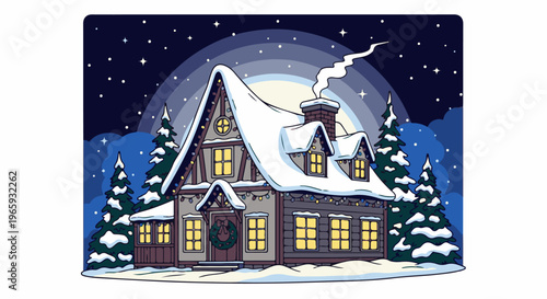 Cozy, snow-covered cabin with festive lights under a starry, moonlit winter sky