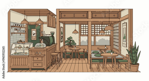 Cozy wooden interior of a cafe with pastries, bonsai, and potted plant