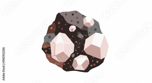 Close-up of a rough, dark, rocky cluster with several prominent, light-colored, faceted crystals embedded within