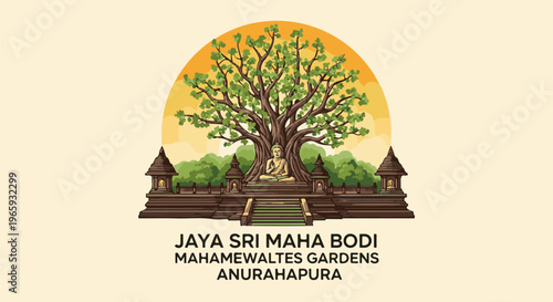 Serene Buddha statue under a large, ancient tree within a sacred garden complex