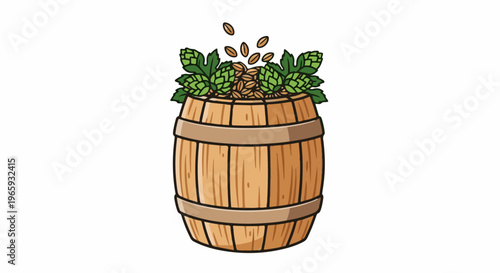 Wooden barrel overflowing with hops and grains