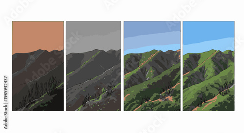 Four pixelated panels show a mountain landscape evolving from dusk to daytime