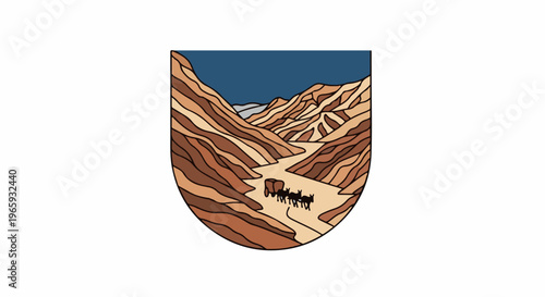 Wagon train travels through a desolate canyon with layered rock formations