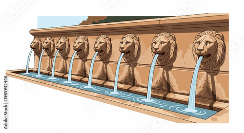 An elaborate stone fountain features eight lion heads, each spouting water into a long basin