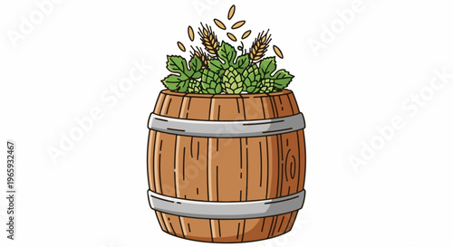 A rustic wooden barrel overflows with fresh hops, barley, and grains