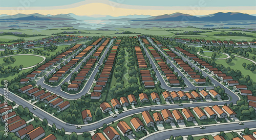 Aerial view of a sprawling suburban neighborhood with rows of houses, streets, and distant mountains