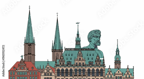 A stylized cityscape features multiple historical buildings and spires, with a large bust dominating the center