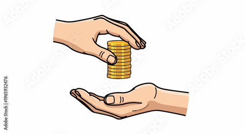 Two hands exchanging a stack of gold coins, one hand offers, the other receives