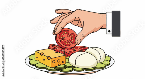 A hand in a suit places tomato slices on a plate with cheese, eggs, and cucumbers