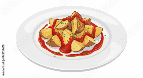 A close-up illustration of potato wedges drizzled with red sauce and green herbs on a white plate